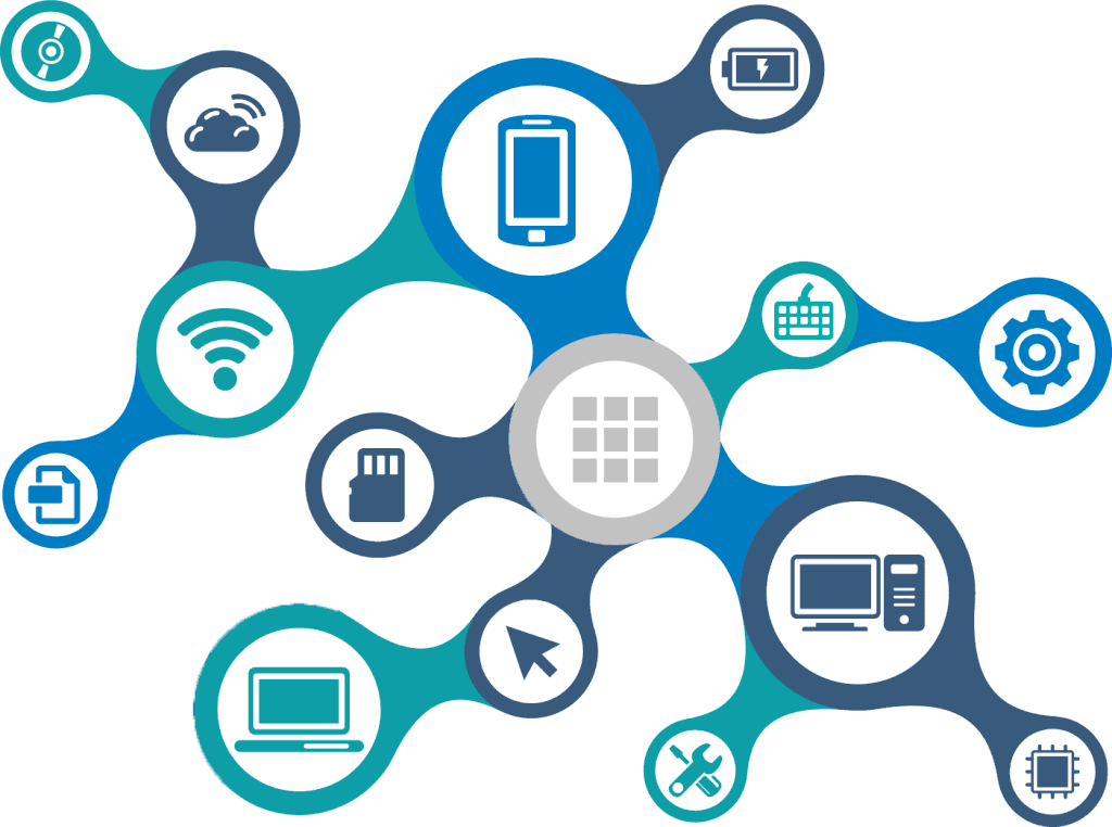 A connected network of devices including cloud, wi-fi, storage, desktops, servers and tools, linked into one system.